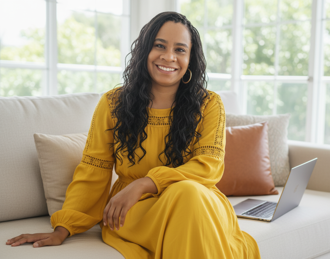 Kizzy Mentora em Cibersegurança descomplicada sorrindo sentada em sofá claro, vestindo vestido amarelo mostarda, com um notebook apoiado ao lado.